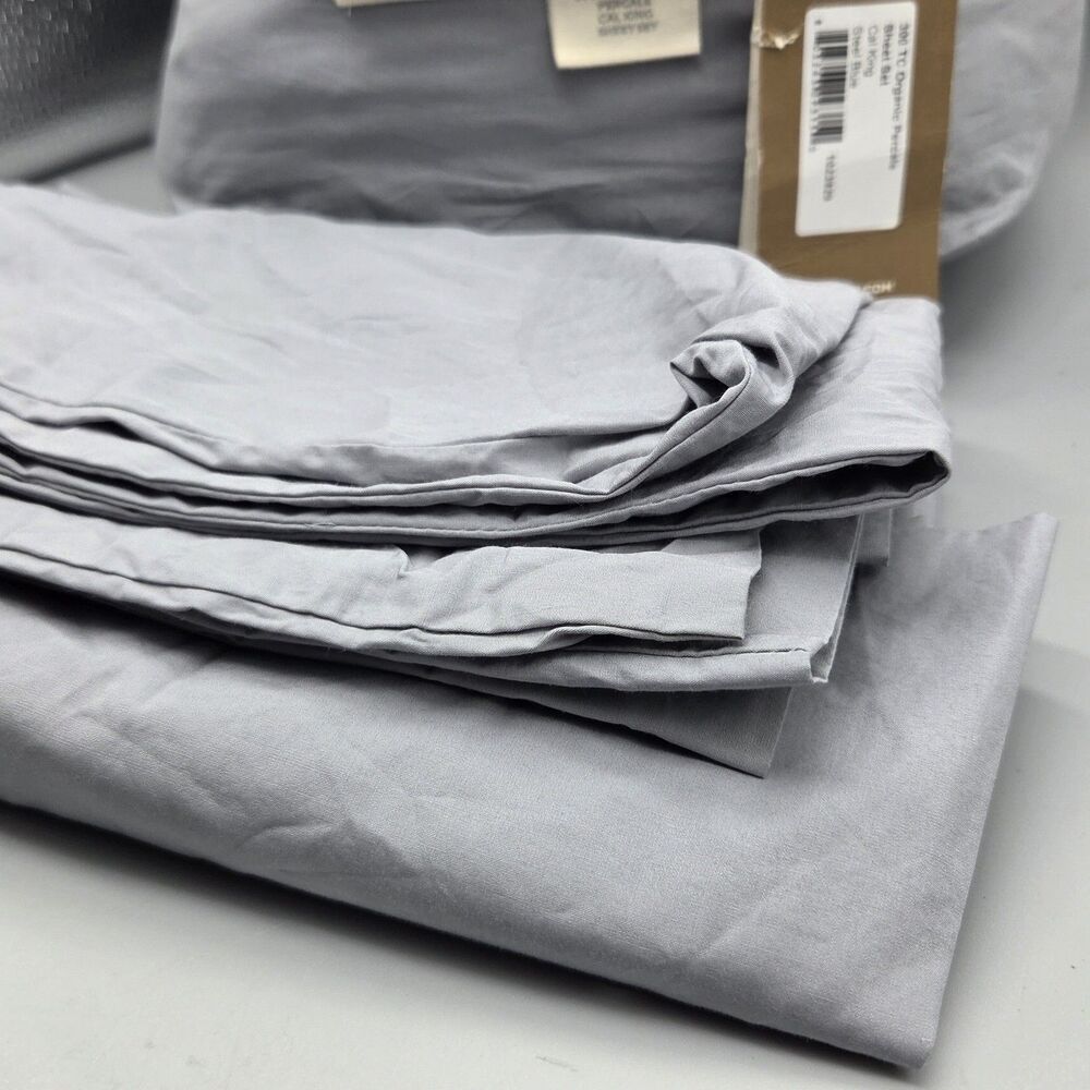 Coyuchi 100% Organic Percale Cotton Cal-King Sheet Set Steel Blue 300TC GOTS New - Picture 4 of 6
